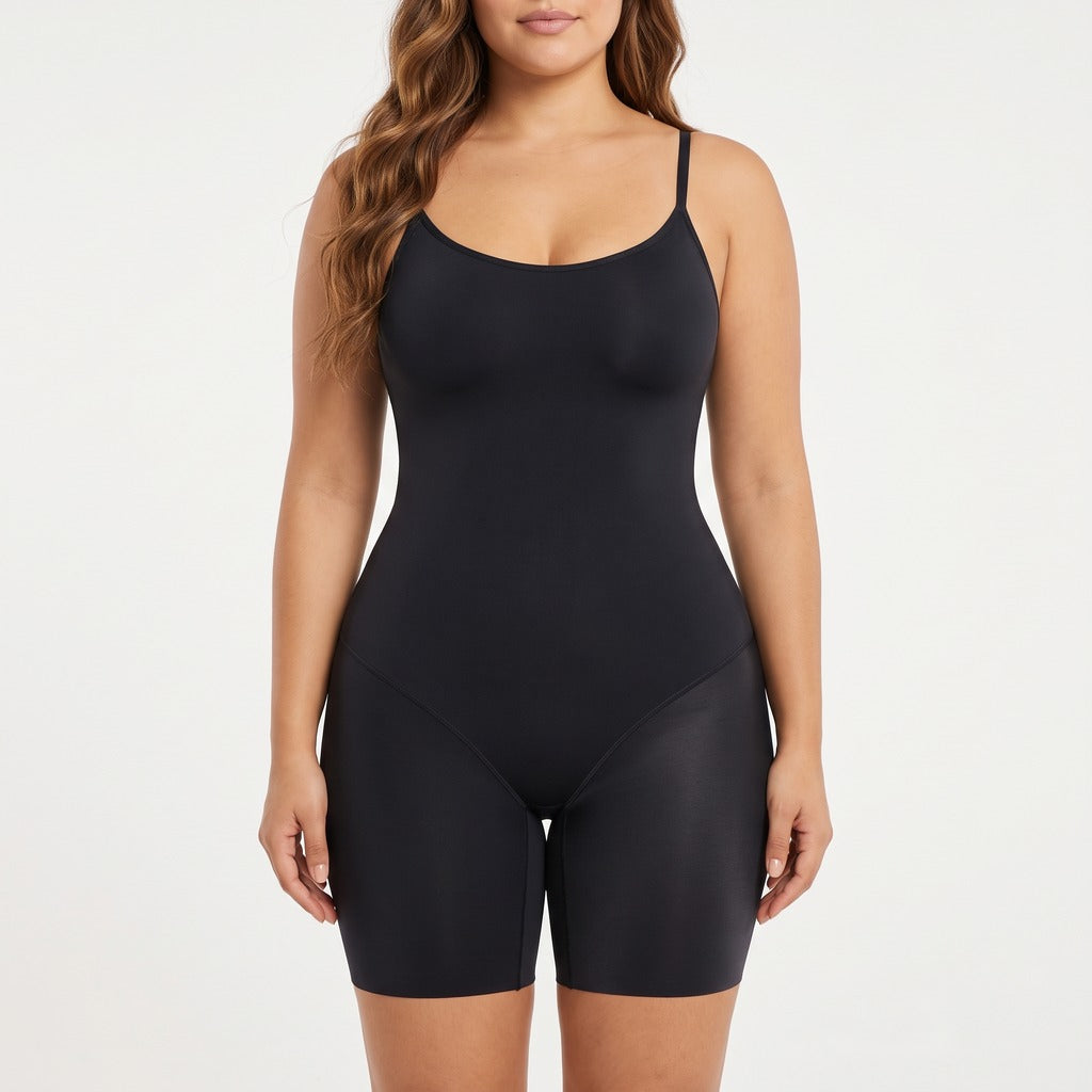 Body faja negro de frente: abdomen liso y cintura marcada