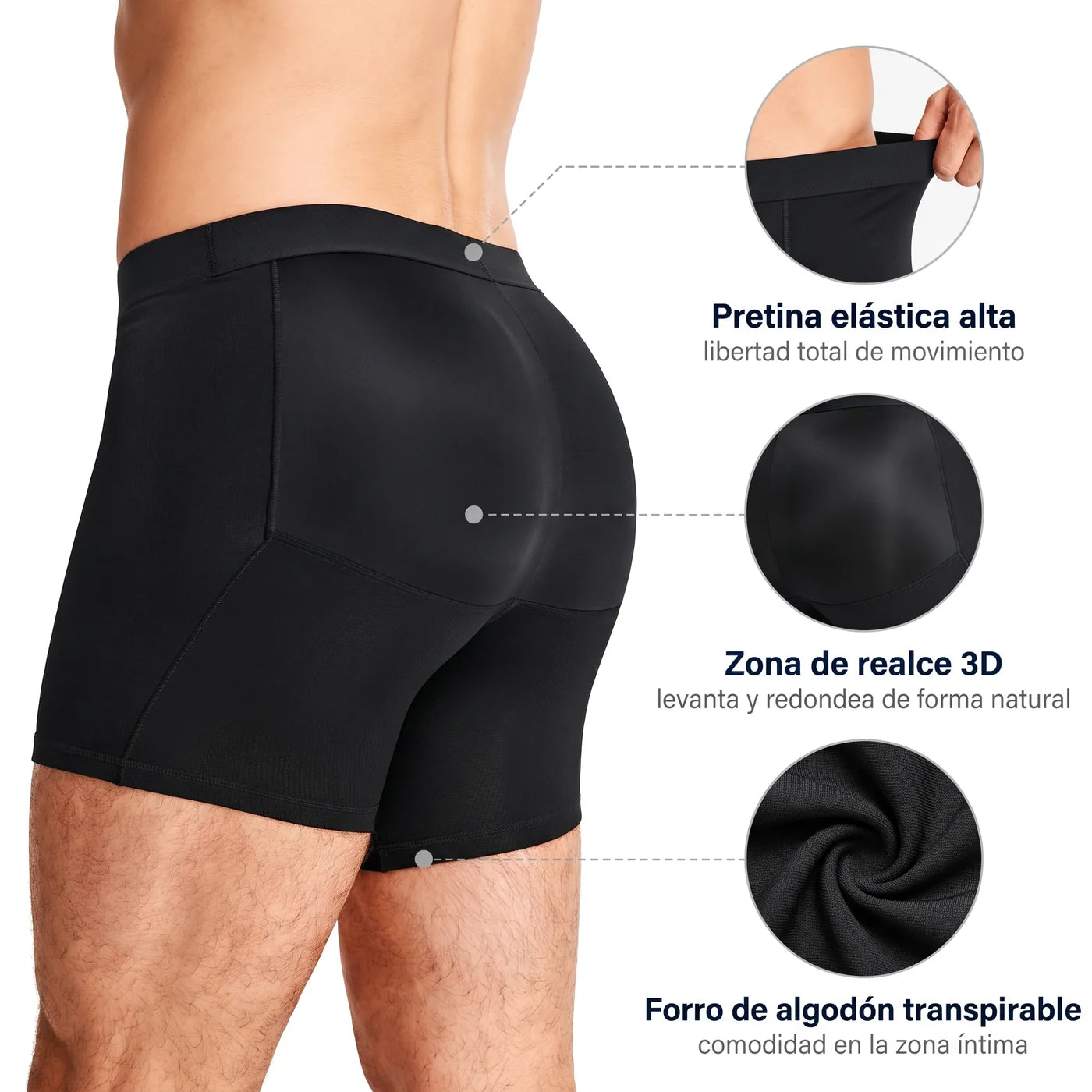 Características del boxer: pretina elástica, zona de realce 3D y forro de algodón