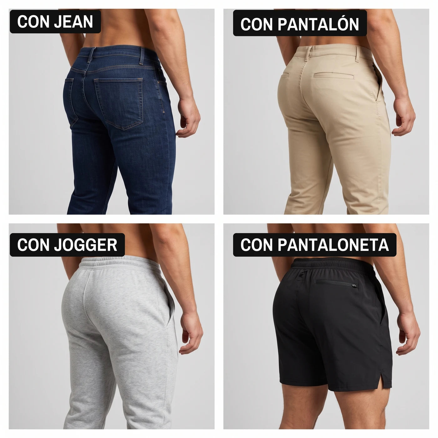 El efecto del boxer con jean, pantalón de dril, jogger y pantaloneta